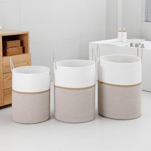 Laundry Basket Hamper Tall Rope Storage Woven for Blanket toys Dirty Clothes in Living Room Bathroom Bedroom (Blend White & Camel, 60L/15.8Gal)