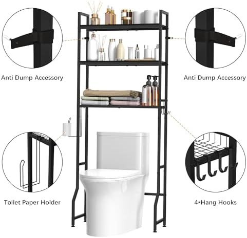 Over The Toilet Storage 3 Tier Over Toilet Bathroom Organizer | Over the Toilet Storage Cabinet, Freestanding Above Toilet Stand, with Paper Holder and 4 Hooks, Space-Saving, Black