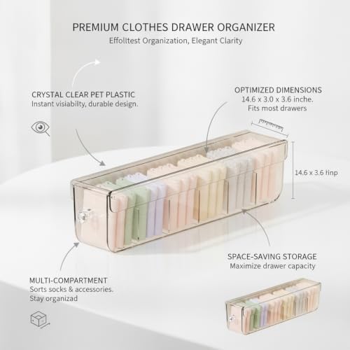 Clear PET Plastic Drawer Organizer with Dividers for Socks & Accessories, 14.6 x 3.0 x 3.6 Inches