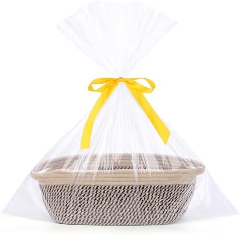 Large Gift Basket Empty with Handles, 12x8x5 inch - Medium Woven Rope Bin for Adult, Men, Boys, Pet Toys, Shelves - With Gift Bag & Ribbon, Washable, Resuable - Dark Brown