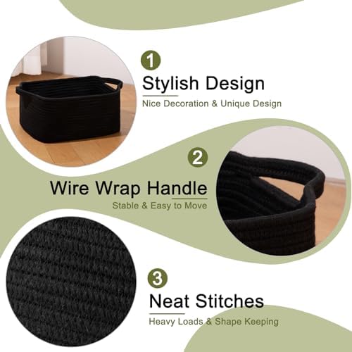 OIAHOMY 3 Pack Storage Baskets for Shelves Cotton Rope Storage Bins Black | Woven Baskets for Storage Nursery Storage Basket with Handles Baskets for Organizing Small Baskets Gift Baskets Empty