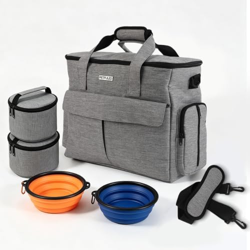 Dog Travel Bag with 2 Food Containers Collapsible Bowls & Feeding Mat, Grey