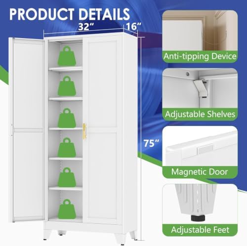 75" Metal Garage Storage Cabinet with 2 Doors and 5 Adjustable Shelves,Metal Storage Cabinets,Steel Tool Cabinets for Home,Office,Garage,Warehouse, Widen (White, 75''H x 32''W x 16''D-B)