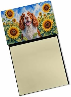Caroline's Treasures Welsh Springer Spaniel in Sunflowers Watercolor Sticky Note Holder Refillable Dispenser Desk Accessory 3x3 Pad Gift