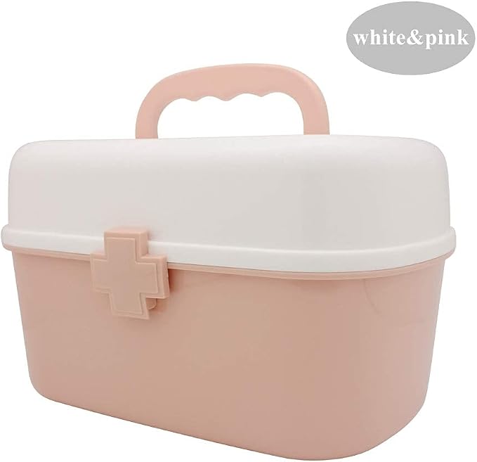 Plastic First Aid Storage Box Container Bin with Removable Tray and Portable Handle, Family Emergency Medicine Kit Case Organizer, White&Pink