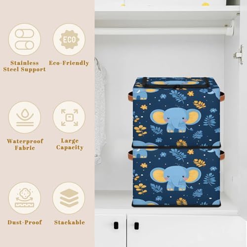 Blue Elephant Storage Bins with Zipper Lid Foldable Fabric Organizer Box with Handles Rectangular Closet Clothes Organizer Containers