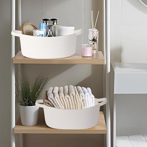 Small Woven Cotton Rope Basket for Gift with Bags and Ribbons, Durable Baskets for Christmas Halloween Gifts Empty, Storage Basket for Shelf with Handles, 12" X 8" X 5", White