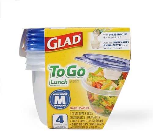 Glad GladWare To Go Lunch Containers with Dressing Cup, 32 Oz, 4 Count