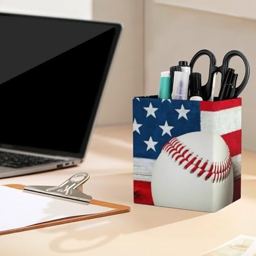 Women's Pen Cup Pencil Holder Makeup Brush Storage Baseball Rustic Wooden American Flag Leather Desk Organizer