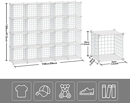 HUBSON Wire Cube Storage Organizer, Book/Toy/Craft/Potted Plants and petCloset Organizers and Storage Shelves, 20-Cube Freely Combinable Metal Grids Storage Shelf,White Plus Iron