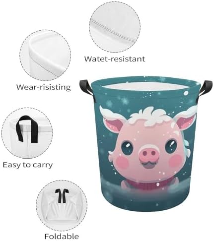 Laundry Hamper with Handle Snow Pets Laundry Basket Waterproof Dirty Clothes Hamper Circular Organizer Basket Portable Storage Bin Decorative Basket for Living Room Kitchen Bathroom Car