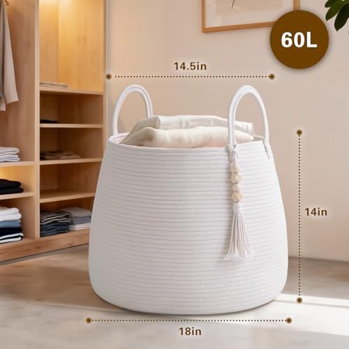 Large Nursery Hamper, 30L Blanket Basket with Handle, Baby Laundry Basket for Gift, Toy, Clothes, Woven Storage Basket with Wooden Bead Decor, Baby Hamper for Nursery (Black&Brown)