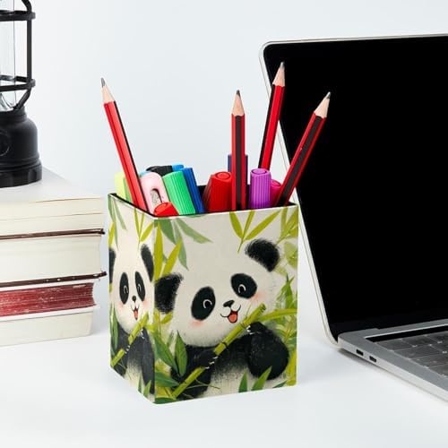Panda Pen Holder for Desk Decor, Rectangular PVC Leather Pencil Cup for Desk Pen Organizer, Makeup Brush Holder for School, Home, Office