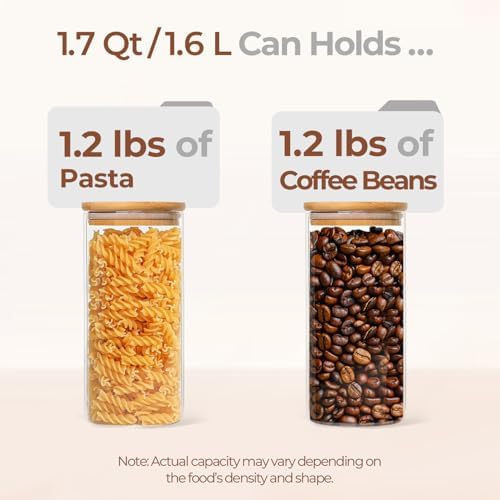 ComSaf Glass Storage Containers with Lids 1.7 Qt, 3 Pack Glass Storage Jars | Glass Containers with Bamboo lids, Glass Canisters 54oz, Kitchen Cabinet Storage, Tea, Spice, Coffee, Oat, Dry Food, BPA Free