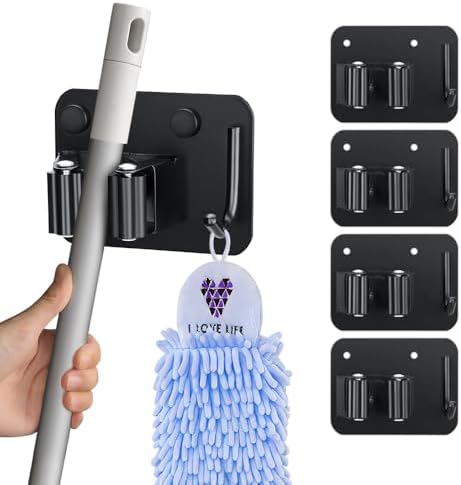 JAMEND CLXP 4-Pack Broom Holder with Heavy Duty Hooks, Upgraded Stainless Steel Mop Hanger. Wall Mount Utility Tool Rack for Kitchen Garden Laundry Garage. Matte Black.
