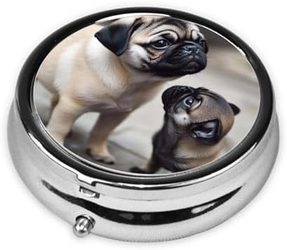Pill Box 3 Compartment Medicine Pill Case for Pocket or Purse Mini Metal Pillcase Cute Pet Pug Pill Holder Vitamin Organizer Portable Travel Pills Container to Hold Supplements Vitamins