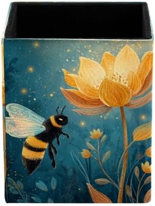 Bee Pen Holder for Desk Decor, Rectangular PVC Leather Pencil Cup for Desk Pen Organizer, Makeup Brush Holder for School, Home, Office