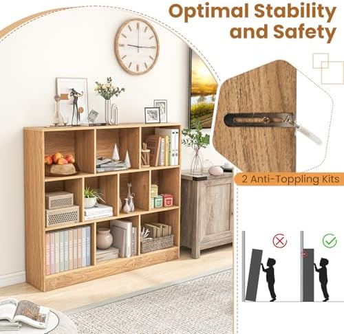 Giantex 10 Cube Bookcase, 4-Tier Freestanding Bookshelf w/ 10 Open Compartments, 2 Anti-Tipping Kits, Modern Display Cabinet, 41" Wood Cubby Storage Organizer for Living Room, Bedroom, Natural
