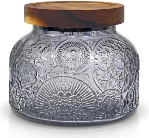Decorative Grey Embossed Glass Jar with Airtight Wooden Lid, 40 fl. oz | Wide mouth vintage storage canister, kitchen pantry bathroom organization, coffee sugar tea cookie candy candle vase gift