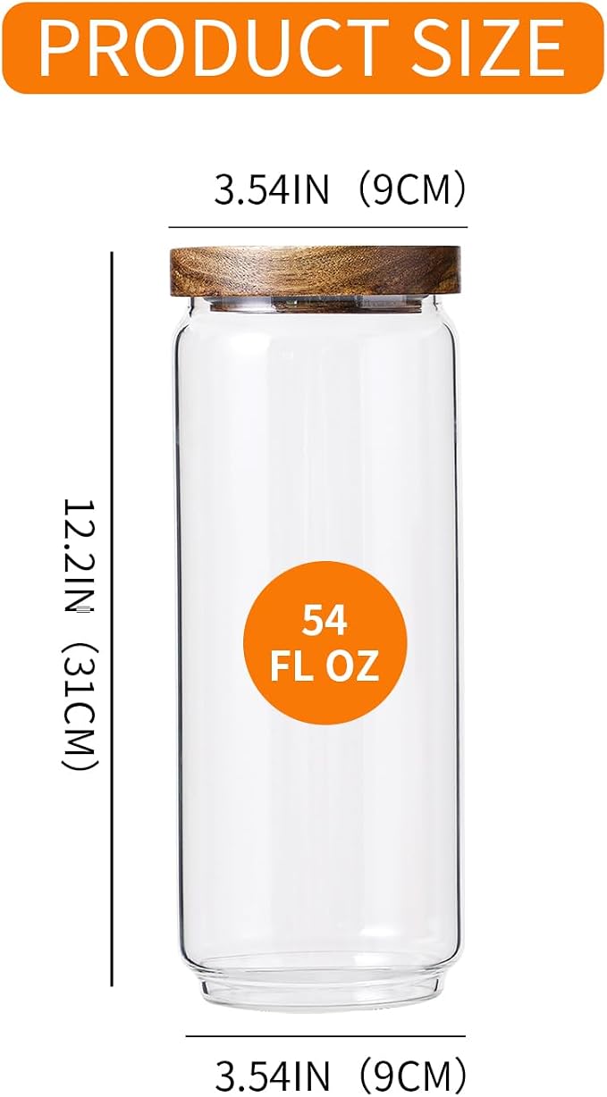 54 Oz Tall Glass Jars with Airtight Wood Lids | High Borosilicate Kitchen Food Containers for Noddles/Pasta/Cookies