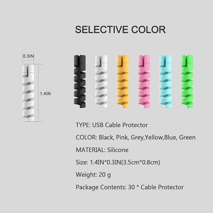 30 Pack Silicone Flexible Charger Cable Saver, for iPhone, iPad, iPod Cable