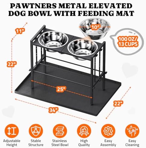 Pawtners Elevated Dog Bowl for Large Breed, Adjustable Feeder with Mat