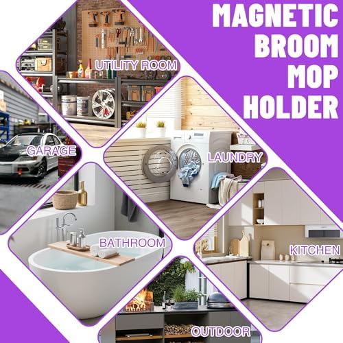 Magnetic Broom Holder Wall Mount - Heavy Duty Non-Slip Mop Hanger with 4 Hooks And 3 Rack, No Drill Tool Organizer for Refrigerator,Garage,Laundry Room (Black, 3Racks 4Hooks)