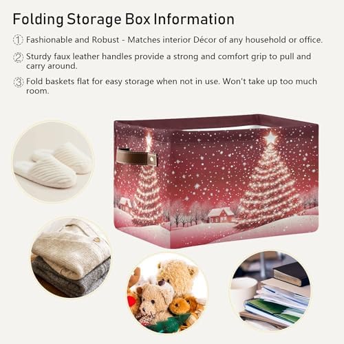 Christmas Tree Red Storage Basket with Waterproof Liner and PU Handles Xmas Winter Snow Scene Storage Bins Boxes 14.2" Collapsible Decorative Organizer Baskets for Bedroom Closet Office 1 Pack