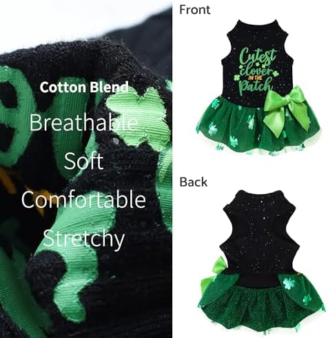 Fitwarm Cutest Clover in the Patch Dog Dress, St Patricks Day Dog Clothes for Small Dogs Girl, Funny Pet Cat Holiday Outfit, Black, Emerald Green, Medium