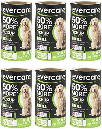 Evercare Pet Lint Roller Refill, Manual Operation, 60 Sheets per Roll, 6 Count Refill Pack for Pet Hair Removal, Green