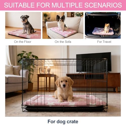 Washable Dog Bed Mat With Anti-Slip Bottom, Deluxe Plush Memory Foam Crate Pad & Waterproof Outdoor Kennel Mat For Dogs & Cats-Durable Crates Beds, Large Medium Small Puppy Size 24" x 18",pink