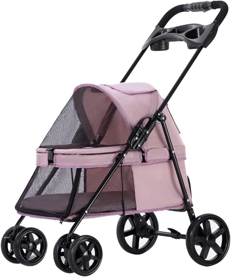 Small Pet Dog Pram Stroller for Cats with Cup Holder, Dog Strollers for Small Dogs Premium Stroller with Rain Cover, Breathable Pushchairs Pet Gear(Pink)