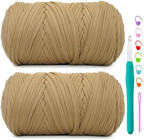 2 Pack Tshirt Yarn for Crochet,Khaki Brown T Shirt Soft Elastic Fabric Chunky Thick T-Shirt Crochet Yarn for Crocheting Knitting Beginner Hand Knitting Bag/DIY Craft/Home Decor 2 * 400G-Dark Khaki