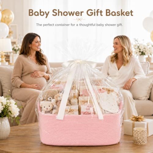 OIASKET Large Empty Cotton Rope Gift Basket with Handles, 18.9"x13.8"x7.8" Decorative Woven Storage Basket with Gift Bag and Ribbon Set for Baby Shower, Toy Organizer for Kids, Dogs & Cats - Pink