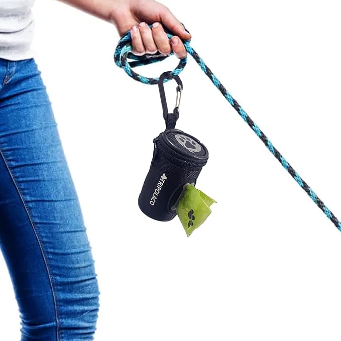 Dog Poop Bag Holder for Leash, Easy Release Doggie Poop Bag Dispenser, Fits Most Standard Poo Bags, Soft Fabric Dog Waste Bag Holder with Carabiner Clip, Compatible with All Leashes, Black