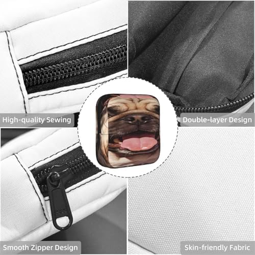 Compact Polyester Sanitary Organizer Pouch Pug With Tongue Out Cute Pet, Reusable Period Bag with Zipper, Multifunctional for Outdoor Daily Carry
