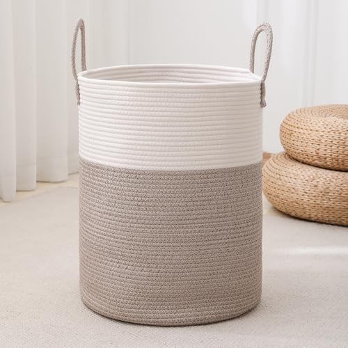 Laundry Basket Hamper Tall Rope Storage Woven for Blanket Toys Dirty Clothes in Living Room Bathroom Bedroom White & Brown 60L/15.8Gal