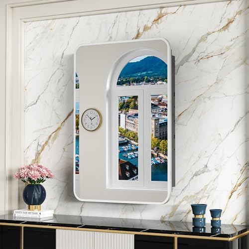 ACEMIRO 20x28 Inch Recessed Medicine Cabinet with Mirror Metal Framed Surface Wall Mounted Bathroom Mirror Medicine Cabinet with Storage Brushed Silver