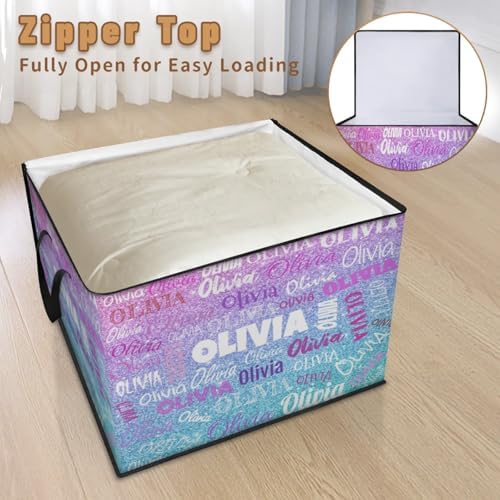 Custom Extra Large Storage Baskets Named with Lid, Personalized Storage Bins Basket Boxes Handles for Clothes Blanket Bedroom Closet Organizing Toys Shelves, Pink Blue Glittery Sequins