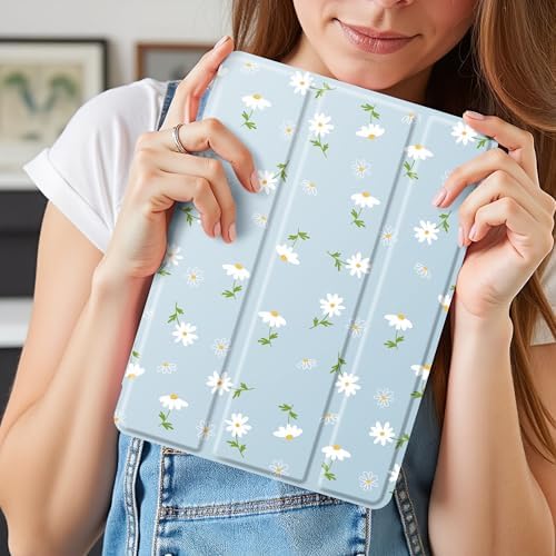 Cute White Floral Case for 10.5" iPad Pro(2017)/iPad Air 3, Clear TPU Smart Stand Back Cover with Pencil Holder, Auto Wake/Sleep Foldable Shockproof Protective Case