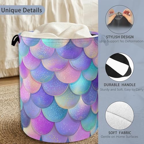 Glitter Fish Scales Laundry Hamper,Mermaids Dirty Clothes Laundry Basket with Handles Waterproof Oxford Cloth Storage Basket for College Dorms Bathroom Bedroom 16" x 20.8"