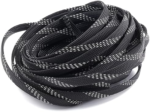 Jutagoss PET Expandable Braided Cable Sleeve, 32.8ft - 3/8 inch Black Silver Cable Management Sleeve, Wire Loom Tube Cord Protector for USB Cable, Power Cord, Audio Video and More, 1Pc