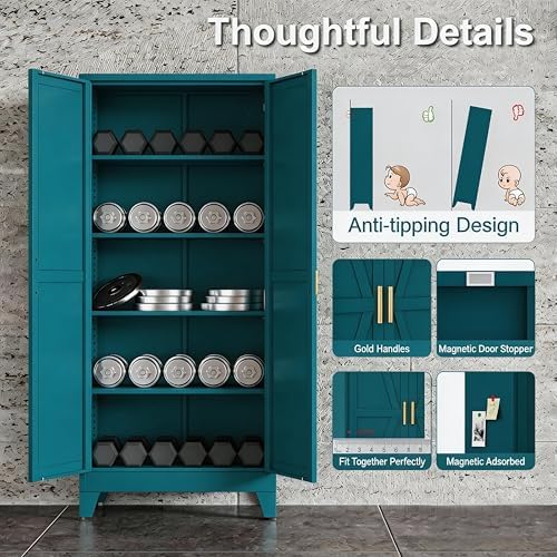 71" H Garage Storage Cabinets with Doors and Shelves,Metal Storage Cabinets,Blue Large Storage Cabinets,Utility Cabinet