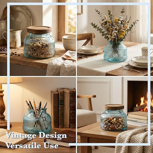 Decorative Blue Ribbed Glass Jar with Airtight Wooden Lid, 40 fl. oz | Wide mouth vintage storage canister, kitchen pantry bathroom organization, coffee sugar tea cookie candy candle vase gift
