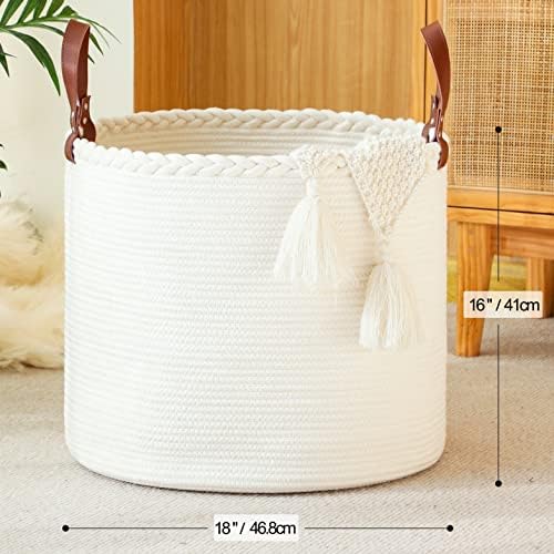 KAKAMAY Large Blanket Basket (18"x16"),Woven Baby Laundry Hamper,Cotton Rope Blanket Basket for Nursery, Laundry, Living Room, Pillows, Baby Toy chest with Leather Handles (White)