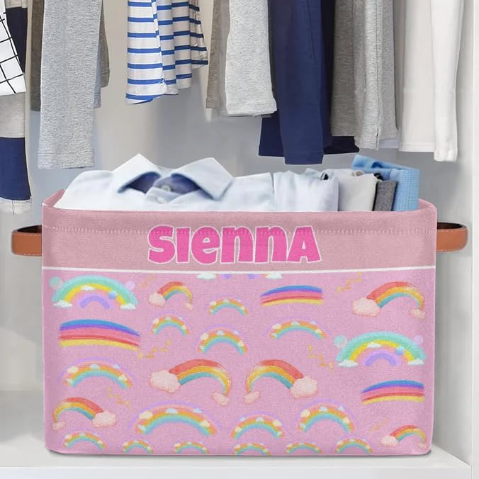 Personalized Kids Toy Box Name, Custom Nursery Baskets Cubes Box, Girls Custom Storage Basket Laundry Baskets Organizer with Handles, Painted Colorful Rainbow with Cloud Pink Background