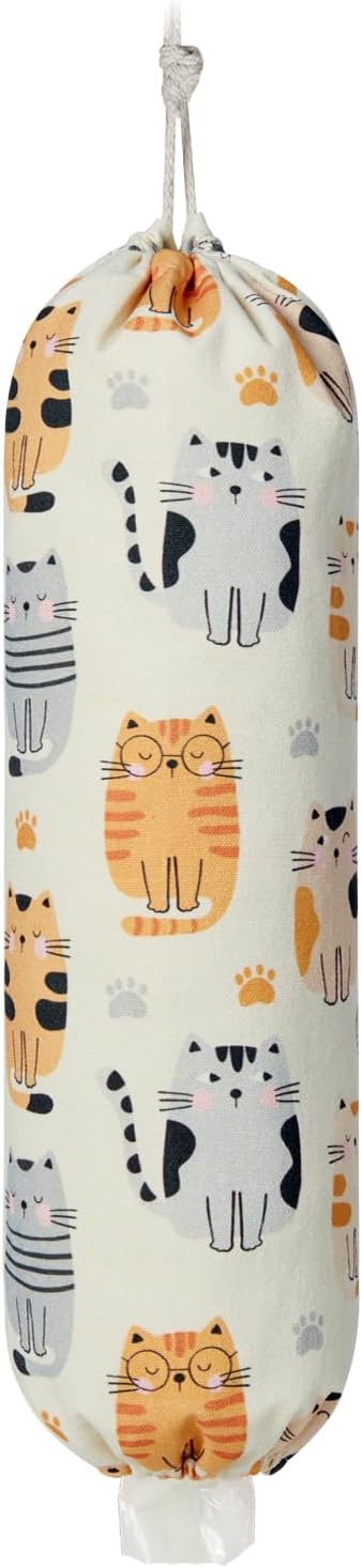 Plastic Bag Holder, Reusable Grocery Bag Holder for Plastic Bags Groceries Store, Flower Canvas Trash Plastic Bag Organizer Storage Holders for Home Kitchen Pantry Decor (Pretty Cat)