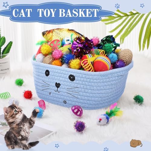 Zopeal 58 Pcs Summer Cat Storage Basket Gift Toys Set, Colorful Flashing Balls Pet Bell Crinkle Balls Spring Toys Attract Cat to Swat, Hunt, Interactive for Pet(Light Blue,9.8 Inch)