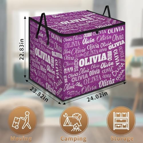 Personalized Name Large Storage Basket with Lid, Canvas Storage Bins Quilt Clothes Organizer for Bedroom, Kitchen, Bathroom, Nursery, Shelves, Closets, Dark Magenta Purple Glittering Bling
