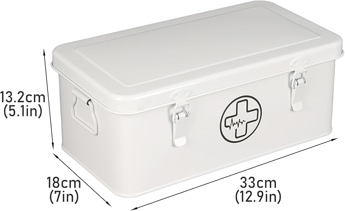 First Aid Box, First Aid Kit Supplies Bin, First Aid Organizer Medicine Storag Box, Metal Storage Box with Safety Lock for Home Emergency Tool Se - White